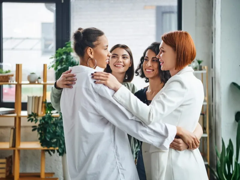 overjoyed multiethnic women and redhead motivation coach hugging and looking at each other e1694367472878.jpg